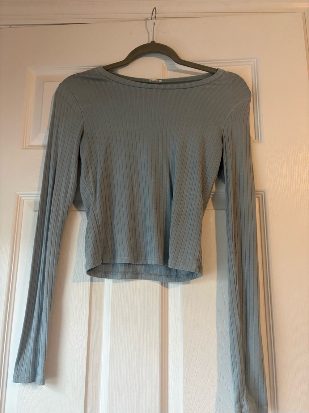 Garage Light Blue Ribbed Boatneck Long-Sleeve Top